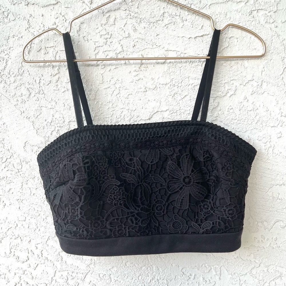 Black Floral Overlay Boho Crop Top Medium